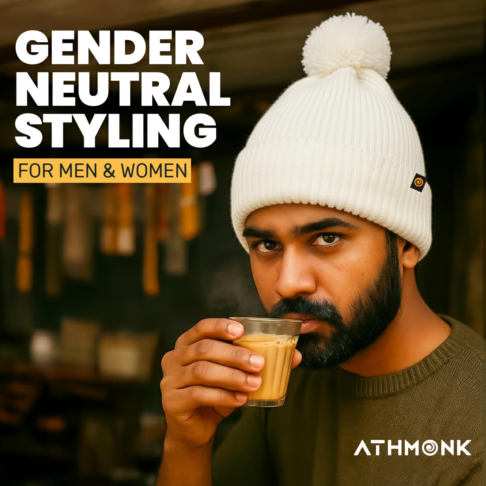 Athmonk Winter Woolen Beanie Cap for Men & Women with Pom | Stylish Head Cap for Winters | Cold Weather Hat for Girls & Boys | 100% Woollen Fabric Ultra Soft & Cozy | Garam Topi for Man |